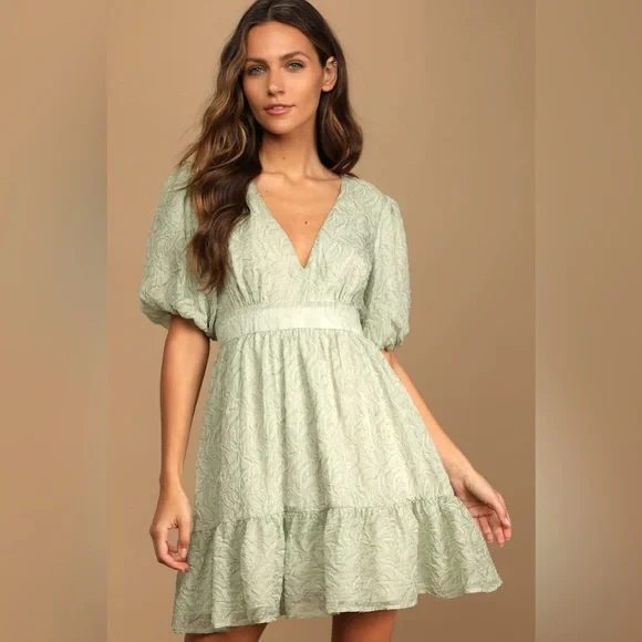 satin green floral dress UMGEE Sage Green Tiered Mini Dress with Sheer Puff Sleeves – Beach Rose Co main image 1